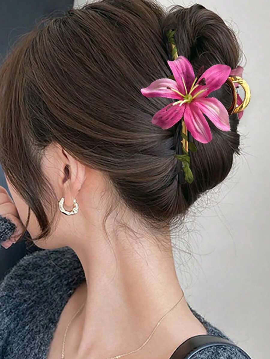 1 pieza Pinza para el cabello con flor de lirio realista, base de metal dorado con clip de resorte, múltiples colores disponibles, accesorio para el cabello elegante - Multicolor - View 1