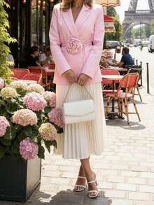 Women's Autumn Fashionable Casual Floral Tie-Up Blazer Jacket, Versatile Spring Pink - Pink - View 6