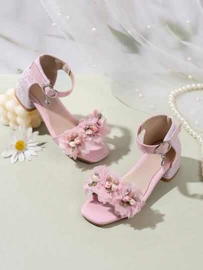 1 Pair Summer Fashion Floral Fairy-Style High Heel Sandals, White Base With White & Pink 3D Flower Decor