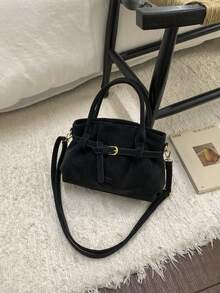 1个PU皮革高品质手提包，褶皱皮带扣装饰女士单肩包 - 黑色 - 查看 9