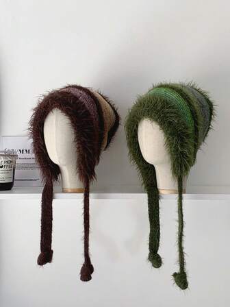 条纹拼接弹力针织护耳帽，宽松版型修饰脸型，可作包包使用，秋冬季保暖帽，针织拼接护耳帽，复古针织混纺宽松保暖护耳帽，秋冬季女士必备