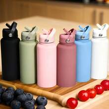 32 Oz / 1000 Ml Large-Capacity Wide Mouth Double-Wall Sports Travel Vacuum Insulated Stainless Steel Water Bottle (Cold & Heat Retention) With Straw - Multicolor - View 2