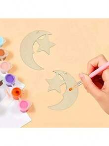 10pcs Wooden Hollow Star & Moon Shaped Crafts, Ramadan Hanging Decor, Holiday Celebration Decorative Ornaments - Wood Color - View 7