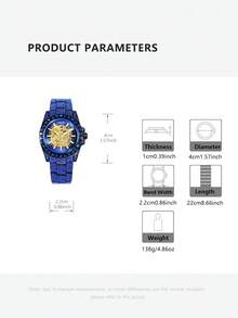 1 Piece Blue Diamond-Encrusted Men's Automatic Mechanical Watch With Alloy Case And Blue Crystal Inlaid Band, Luxury Hollow-Out Dial Timepiece, Eye-Catching Elegant Design​ - 藍色 - 查看 2