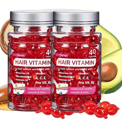 2pcs Hair Serum 80 Capsules - No Rinse With Argan Macadamia & Avocado Oils - Vitamins A, E, Pro B5 - Conditioner For Women & Men - Pack Of 2
