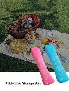 Portable Cutlery Organizer Bag Utensil Bags With Zipper Leak Proof Fabric Cutlery Pouches Reusable Flatware Storage Pocket For Forks Spoons Knives And Chopsticks For Men Women Perfect For Outdoor Travel Camping Picnic School Home Office Insulated Lunch Box Bag Camping Picnic Essentials Accessories - Multicolor - View 2
