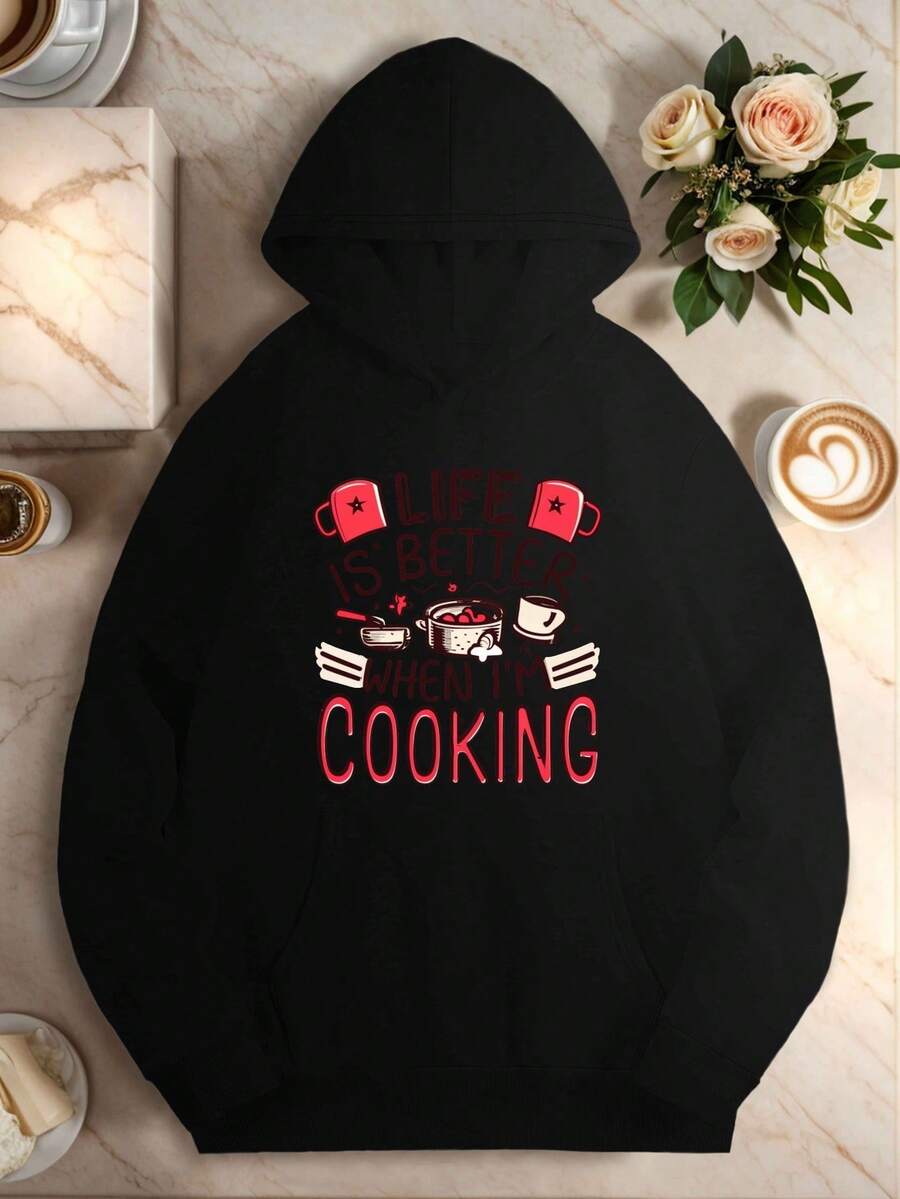 250g Heavyweight Hooded Sweatshirt For Women Plus Size - Funny Cooking Pattern Pullover With Chef Hat And Cutlery Print, Black With Red Letters, Coffee Cup And Kitchen Utensils Design, Machine Washable Winter Warmth, Suitable For Baking And Cooking Enthusiasts Casual Autumn Winter Sweater, Geometric Pattern Non-Stretch Fabric With Front Pocket, Loose Fit For Casual Outfits, Unisex Loose Oversized Sweatshirt, Girl Boyfriend Style Outfit, Casual Versatile Long Sleeve Jacket - 黑色 - 查看 1