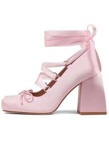 Ballet Mary Janes High Heels For Women Square Toe Satin Lace Up Ballerina Stiletto Heels With Bow Elegant Wedding Party Pump Heels For Women  - a粉紅色 - 查看 5