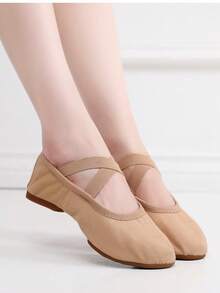 室内外软底芭蕾舞鞋、舞蹈鞋、瑜伽鞋、练习鞋、平底鞋、现代舞鞋、古典舞鞋，舒适耐穿，防滑，弹性开口，免系带设计 - 卡其色 - 查看 2