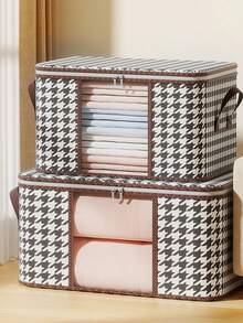 1pc/2pcs Fabric Quilt Storage Bag, Waterproof Moisture-Proof Blanket Organizer Bag, Travel Clothes Packing Cube, Foldable Carry Handle Houndstooth Pattern Large Capacity Storage Bag, Wardrobe Seasonal Clothes Zipper Storage Box, Clean And Tidy - Grey - View 10