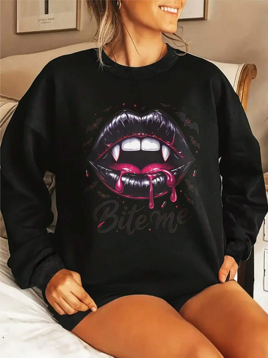 Long Sleeve Tops Women Halloween - Printed Crew Neck Sweatshirt - Casual Daily - Loose And Comfortable - Women's Clothing - Autumn Winter - Plus Size Loose And Comfortable Long Sleeve Tops Women - 黑色 - 查看 1