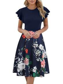 Vestido de cóctel de longitud hasta la rodilla con bolsillos, manga con volantes, escote en V en la espalda, ajuste entallado y vuelo, estilo 2025 para uso semiformal - Azul marino - Ver 11
