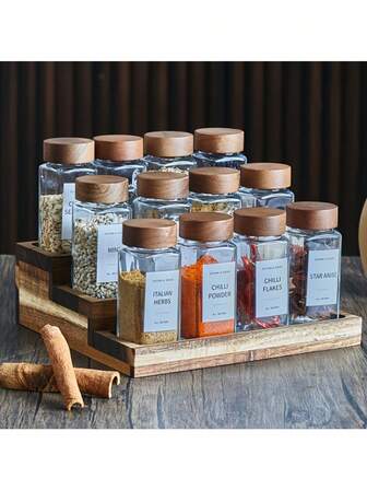 迷你玻璃调料罐，带标签和摇盖 - 方形调味瓶，配红木盖和漏斗，厨房储物调料罐，适用于木架、橱柜、抽屉