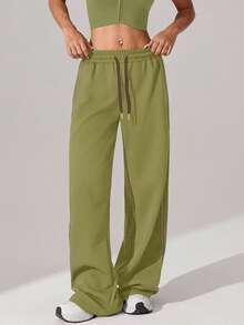 Women's Waffle Knit Loose Straight Leg Drawstring Waist Contrast Color Simple Fitness Sports Pants, Spring/Summer - Grass Green - View 5