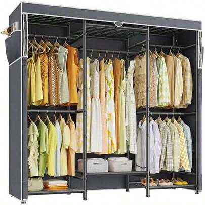 Adjustable Metal Clothing Rack With Cover For Bedroom, Portable And Heavy Duty