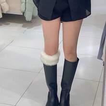 Pair Of Short Fur-Like Lined Knit Leggings - Winter Elastic Cuff Boots, Combining Warmth And Style, Perfect Outdoor Activity Accessory, Ideal Gift, Keeping Legs Warm In Winter, Soft Texture Cover, Available In Two Colors - trắng - Xem 1