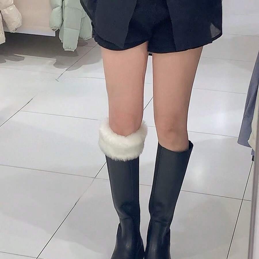 Pair Of Short Fur-Like Lined Knit Leggings - Winter Elastic Cuff Boots, Combining Warmth And Style, Perfect Outdoor Activity Accessory, Ideal Gift, Keeping Legs Warm In Winter, Soft Texture Cover, Available In Two Colors - trắng - Xem 1