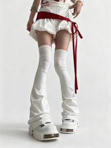 1 Pair Subculture Harajuku Gothic Style Thigh High Leg Warmers, Slimming Black/White Over-The-Knee Leg Warmers With Fashionable Lace-Up, Asymmetrical Ruffle, Flared Hem, Suitable For Y2K, Streetwear, Rockstar, And Unique Personal Style - Multicolor - View 3