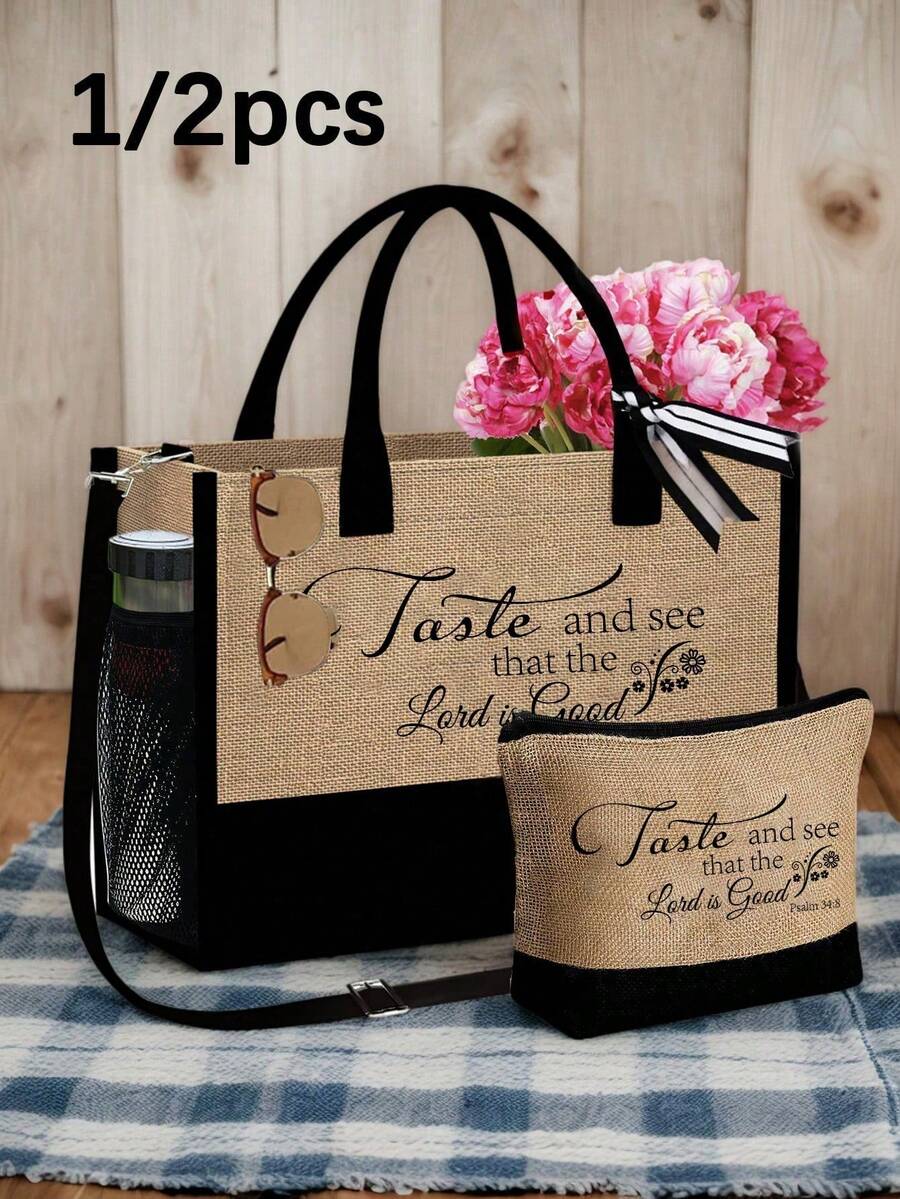 Este bolso/bolsa de cosméticos para mujer con temática cristiana está hecho de material de lona, con gran capacidad, adecuado para bodas, cumpleaños, vacaciones, playas, fiestas y otras ocasiones, convirtiéndolo en un excelente regalo para mujeres. - Multicolor - Ver 1