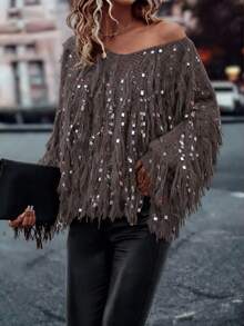 Women's Fall/Winter Luxe Fringe And Sequin Plush Knit Sweater - Ultra V-Neck Party Top | Euro Chic Evening Glam
