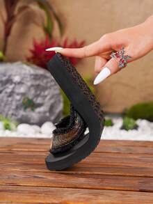 New Navy Blue Iridescent Glitter Women Fashion Casual Flip Flops Sandals, Lightweight & Comfortable For Spring/Summer Outdoor, Holiday, Beach - Navy Blue - View 8