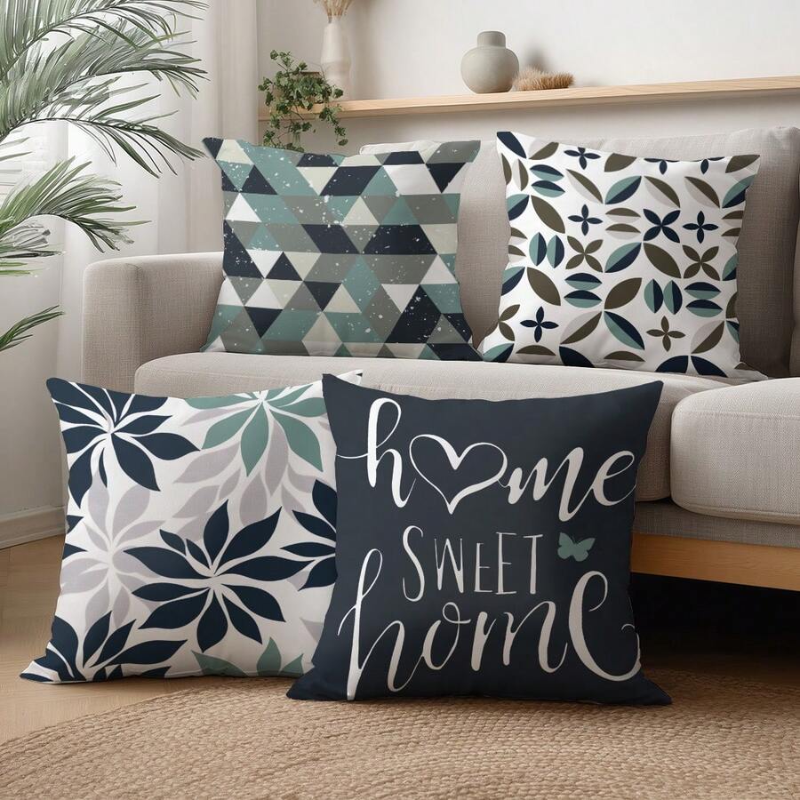 4件套简约日常藏蓝色几何“温馨家园”主题抱枕套，单面柔软桃绒材质，尺寸40*40/45*45/50*50厘米，适用于室内卧室、客厅沙发装饰、派对装饰，装饰抱枕套礼品 - 彩色 - 查看 1