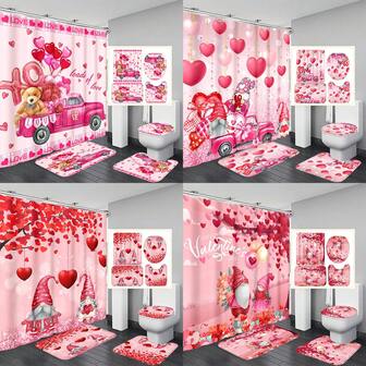 1 pieza/4 piezas Juego de cortina de ducha con tema de pareja rosa para el Día de San Valentín, camión vintage, decoración del Día de San Valentín con patrón de gnomos lindos, cortina de ducha elegante para regalo de inauguración de la casa, decoración moderna del baño para el hogar con 12 ganchos, alfombra antideslizante para el baño, alfombra en forma de U para el inodoro, tapa del inodoro, juego de baño, decoración de primavera