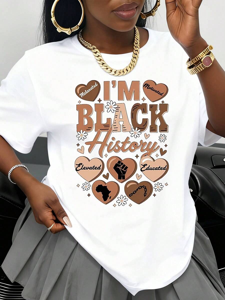 I M Black History Motivated Elevated Educated T Shirt For Women Plus Size Graphic Tee With Heart Design And African American Pride Symbols - trắng - Xem 1