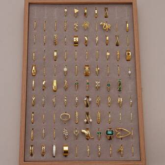 35 piezas Juego de anillos de metal con rhinestones y perlas falsas de lujo con diseño geométrico asimétrico (enviado al azar sin caja)