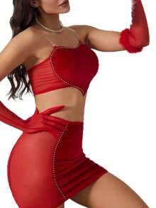 Women's Red Erotic Short Skirt Set Heart Pattern Tank Top - 紅色 - 查看 4
