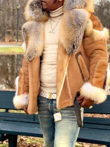 Mens Shearling Leather Coat Thicken Warm Long Sleeve Faux Fur Collar Sherpa Coats Big And Tall Parka Jackets - Màu Khaki - Xem 1