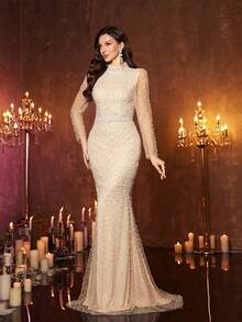 Đầm dạ hội maxi dài tay cổ đứng sang trọng, nhẹ nhàng, đính sequin và hạt cườm UNITHORSE dành cho nữ, thích hợp cho các buổi dạ tiệc, đám cưới, tiệc chiêu đãi, lễ trao giải, tiệc mùa xuân. - Màu be - Xem 4