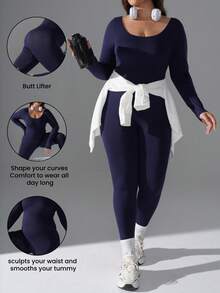 1 Stück Shapewear Jumpsuit in Große Größen für Damen, nahtlos, einfarbig, Rundhalsausschnitt, bequem, modischer, hautfreundlicher Langarm Yoga Jumpsuit, formt die Figur, schlankt die Taille, hebt den Po, geeignet für Yoga, Sport und Workout - marineblau - Übersicht 5