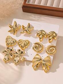 2-12pcs Fashionable Bohemian Style Earrings, Starfish, Leaf, Heart, Flower And Asymmetric Geometric Patterns, Versatile For Women Daily Wear, Suitable For Party, Date, Beach Vacation And Travel - Gold - View 4