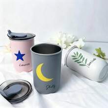 双层隔热304不锈钢咖啡牛奶杯，带盖 - 不锈钢材质，适用于冷热饮品