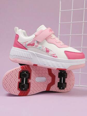 1双女士随机印花拼接撞色魔术贴设计四轮可拆卸二合一轮滑鞋，适合四季日常穿着，玫瑰红PU厚底带轮，轮滑鞋