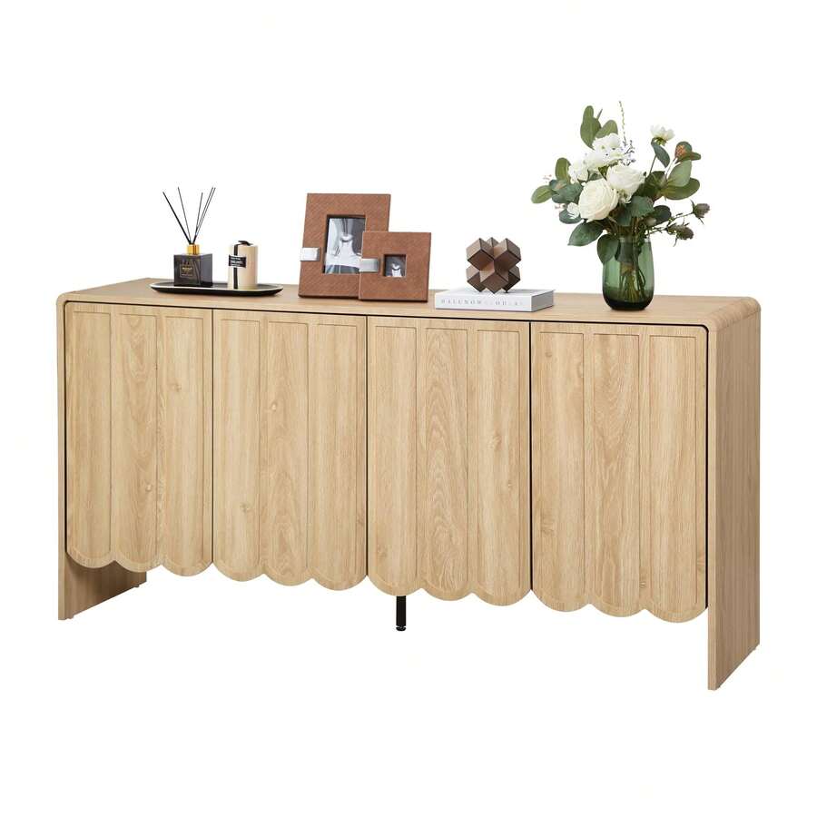 Sideboard Buffet Cabinet, Accent Storage Cabinets With 4 Doors, Farmhouse Wood Cabinet With Adjustable Shelves And Wave Panel For Living Room, Dining Room, Entry - natural - View 1