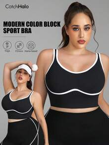 Sujetador deportivo sin costuras para mujer talla grande, con ribete de color contrastante, espalda en U, sin relleno, adecuado para fitness, yoga, uso diario, negro, verano - Negro - Ver 7