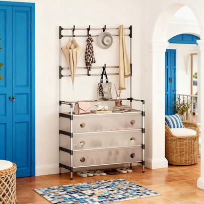 Zapatero y Perchero Multiuso, Zapatero Organizador de 4 Niveles Para Zapatos, Ropa, Bolsas, Accesorios, Capacidad de 15 Pares, Con Cubierta a Prueba de Polvo, Facil de Armar (Blanco)