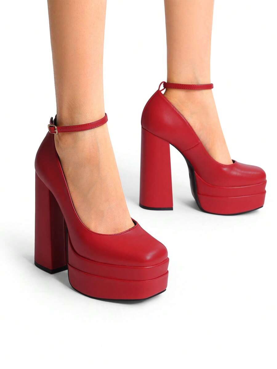 Women's Y2K High Chunky Platform Pumps Square Toe Heels Closed Toe Block Ankle Strap Solid Color Elegant Party Festival Shoes For Fall And Winter - 紅色 - 查看 1