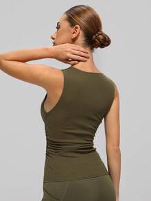 Women's Ribbed Sports Camisole, Crew Neck Sleeveless, Side Ruched Design, Skin-Friendly Breathable, Suitable For Yoga, Fitness And Casual Wear - Olive Green - View 2