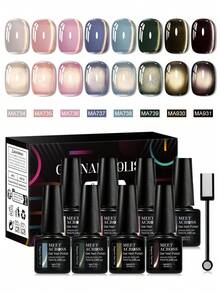 8pcs 7ml Light Gold Cat Eye Gel Nail Polish Set With Magnet Stick, Sparkle Glitter Glass Beads Effect Magnetic Varnish Semi Permanent Soak Off UV LED Gel Varnish Manicure Nail Art DIY For Salon And Home Nail Supplies Nails - Multicolor - View 1