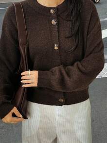 Just Masa 女士冬季毛衣，棕色，休闲优雅宽松圆领长袖纽扣开衫毛衣