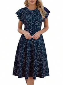 Vestido de cóctel de longitud hasta la rodilla con bolsillos, manga con volantes y escote en V en la espalda, estilo de trabajo ajustado y acampanado, para mujer, estilo 2025 - Lunares marinos - Ver 11