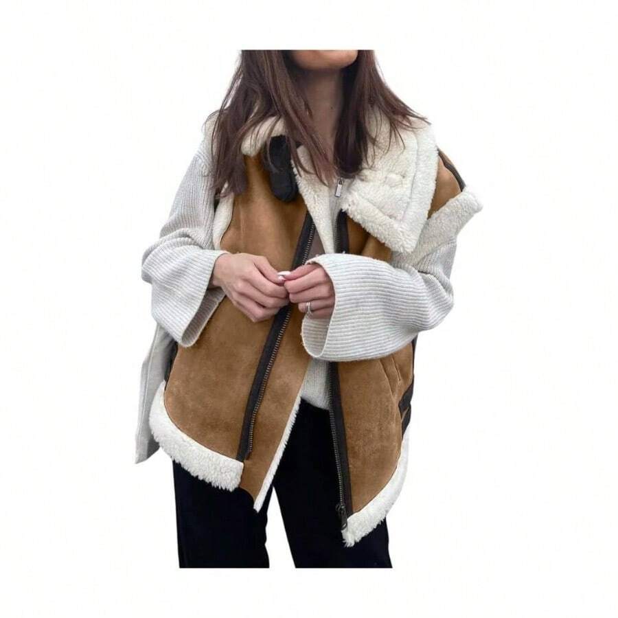 - Chaleco de piel Sherpa de gamuza clida para mujer, con cierre, sin mangas, chamarra de piel de cordero con bolsillos - M + Marrón - Ver 1