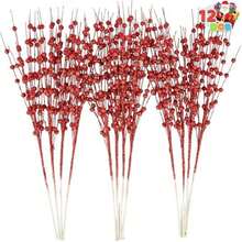 Joiedomi - 12 Adornos de Tallo de Bayas Artificiales con Purpurina, 17 Pulgadas, Varillas Decorativas Blancas, ramitas con Purpurina para decoración de árbol de Navidad, Corona, Manualidades,(rojas) - Multicolor - Ver 1
