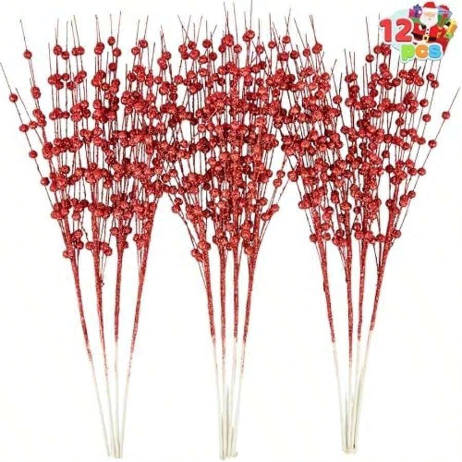 Joiedomi - 12 Adornos de Tallo de Bayas Artificiales con Purpurina, 17 Pulgadas, Varillas Decorativas Blancas, ramitas con Purpurina para decoración de árbol de Navidad, Corona, Manualidades,(rojas) - Multicolor - Ver 1