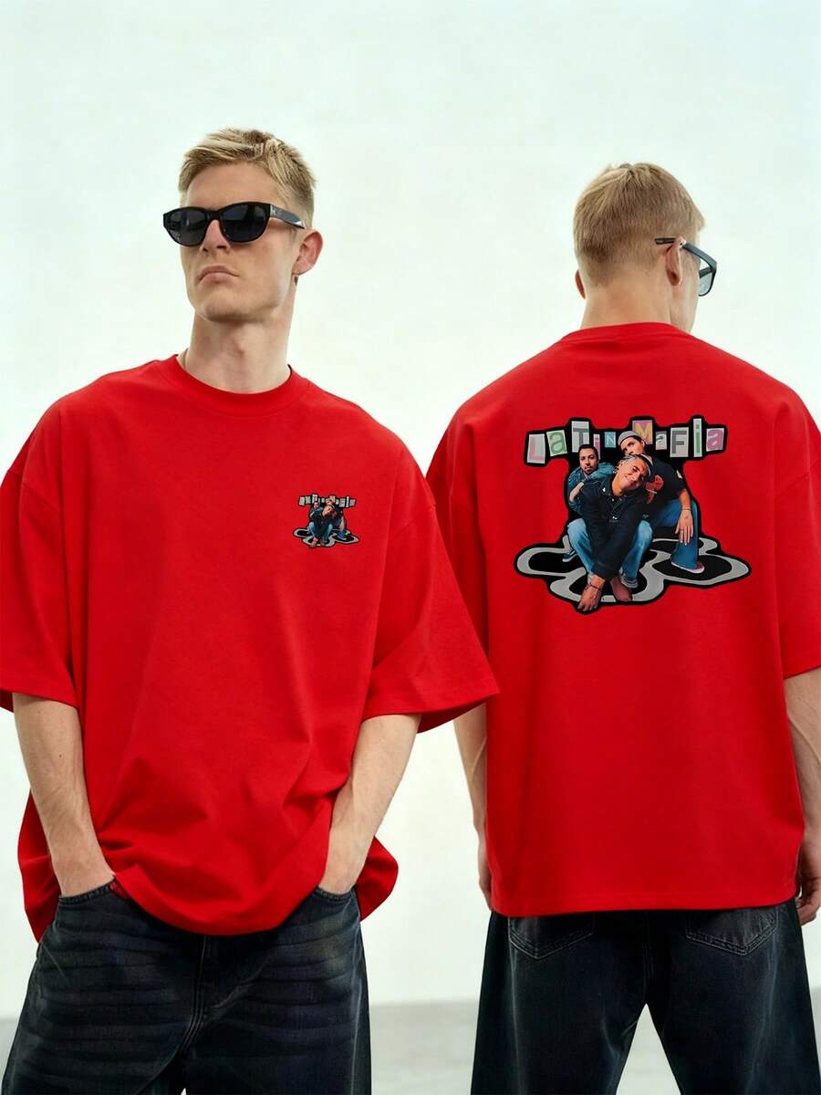 Artistic Graphic Showing Three People In A Relaxed Pose Against An Abstract Background With Colorful Letters Forming The Phrase "Latin Mafia," Conveying An Urban And Contemporary Style. Men's T-Shirt, 100% High-Quality Cotton, With Double-Sided Print - 紅色 - 查看 1
