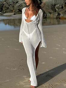 女式深 V 领镂空肩长袖钩针泳衣罩衫泳装沙滩装，前系带侧开衩长款后开衩上衣性感针织比基尼，春夏秋季