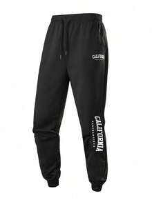 男士抽绳运动裤，薄款松紧腰运动裤，透气字母印花，秋冬，秋季 - 黑色 - 查看 2